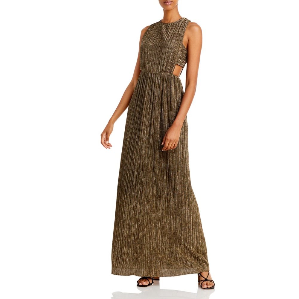 BCBGMAXAZRIA Women's Metallic Pleated Cut Out Long Evening Dress Gown B4HP